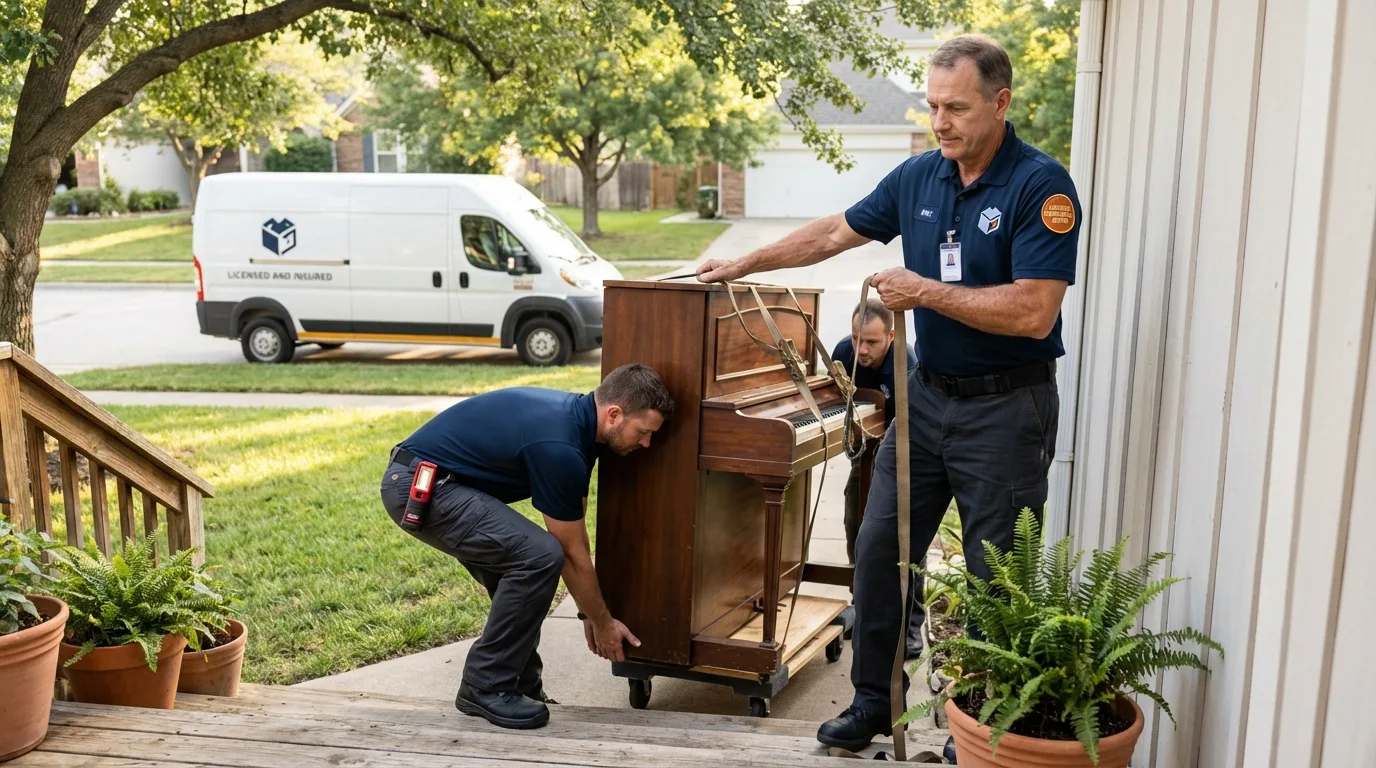 Licensed piano movers securing grand piano in Torrance, CA