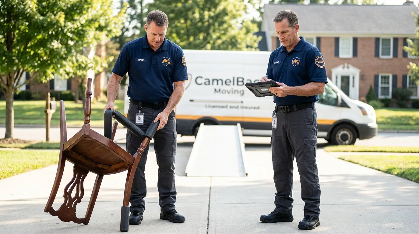 Movers inspecting furniture for damage prevention before loading in Torrance, CA